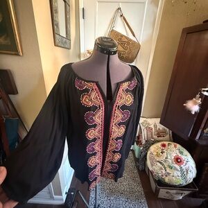 Skies Are Blue Black, Maroon and Gold Embroidered Blouse